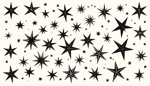 Elegant collection of various black hand-drawn star shapes and celestial symbols scattered on a cream background for creative design patterns
