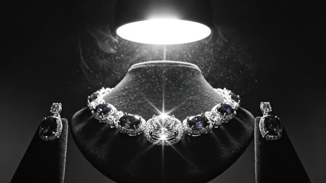 Luxurious diamond necklace and matching earrings illuminated on a black velvet display in dramatic lighting