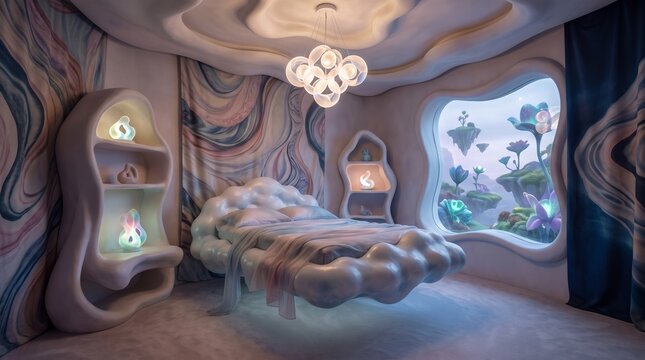 Futuristic organic bedroom interior with cloud shaped bed and flowing architecture overlooking an alien fantasy landscape window