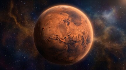 Fototapeta premium Majestic View of Planet Mars Glowing in Deep Space Surrounded by Nebulas and Stardust for Astronomical Exploration and Scientific Research