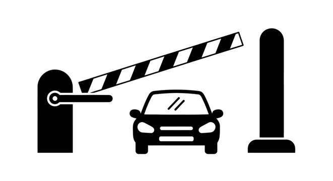 Car approaching a barrier gate at a security checkpoint with road and traffic elements.