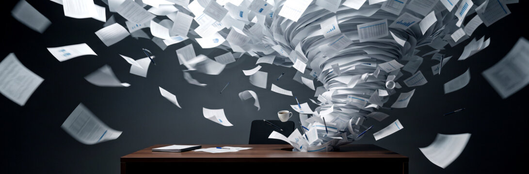 Documents swirling into chaotic vortex above office desk, representing overwhelming workload and stress.
