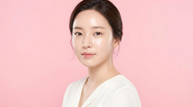 Photorealistic close-up portrait of a pure and luminous Korean female beauty model