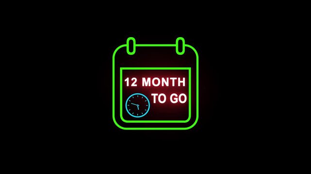 Neon 12 month to go animation. Neon counting number animation 12 month to go. on a black background. and creating a stunning 4k video.