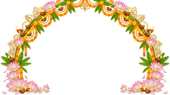 An ornate and decorative golden archway embellished with vibrant floral designs signifies the joyous celebration of diwali the festival of lights and prosperity