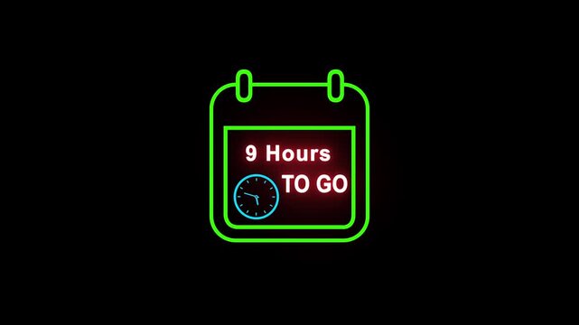 Neon 9 hours to go animation. Neon counting number animation 9 hours to go. on a black background. and creating a stunning 4k video.