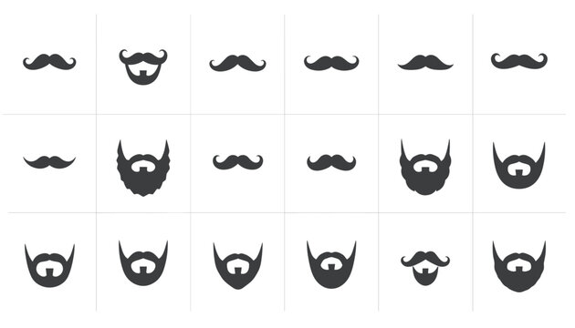 Diverse collection of various male beard and mustache styles shown in a black vector silhouette grid pattern for grooming.