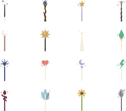 Magic Wand and Wizard Staff Icon Vector Set with Diverse Fantasy Elements like Crystals, Stars, Moons, and Flowers for Game UI and Fairy Tale Designs