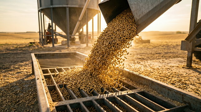 Grain pellets pouring from hopper into grate at sunset on farm, representing agricultural harvesting and feed logistics.