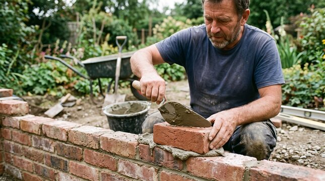 Skilled bricklayer meticulously constructing a new garden wall outdoors.