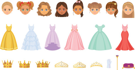Obraz premium Princess Paper Doll Dress Up Vector Set with Cute Girl Avatars, Elegant Ball Gowns, Gold Crowns, Tiara Headpieces, and Fairytale Royal Accessories