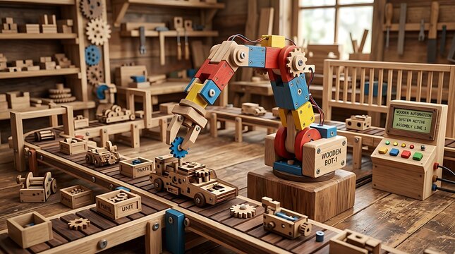 Robotic arm assembling wooden toy vehicles on a conveyor belt in a workshop