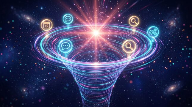 Cosmic Network Vortex: A vibrant digital vortex pulls in glowing icons representing search and communication, set against a backdrop of galaxies and nebulae.