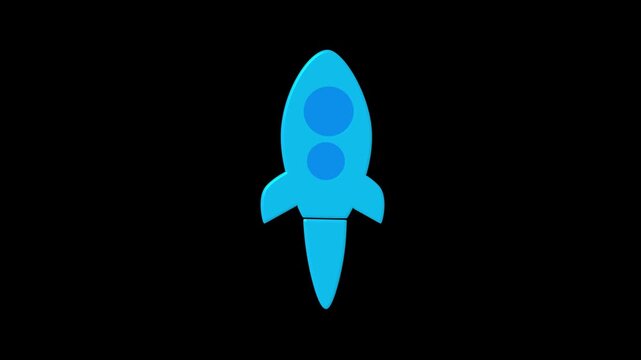 A simple blue rocket icon graphic representing space travel and innovation for startup business concepts and technology growth themes isolated on a solid deep dark black background