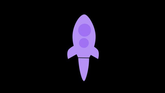 Simple purple rocket ship icon flying upwards on a solid black background representing space travel and exploration for kids and educational graphic design projects