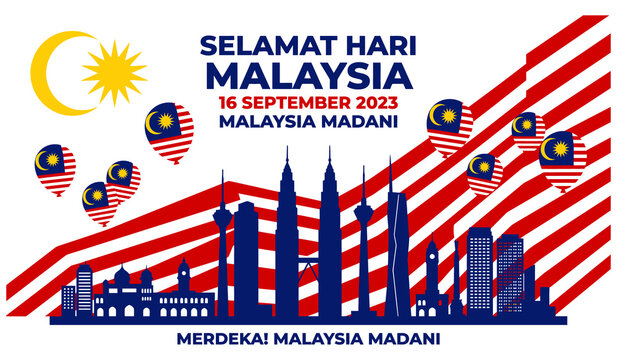 Selamat hari malaysia celebration banner with cityscape landmark graphics and national flag elements