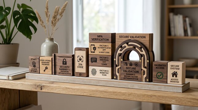 Wooden blocks illustrating mfa and secure validation process