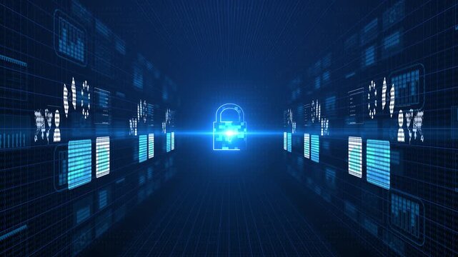 Cyber security concept. Abstract digital database security interface with glowing padlock hologram for cloud server firewall protection Big data flow analysis.