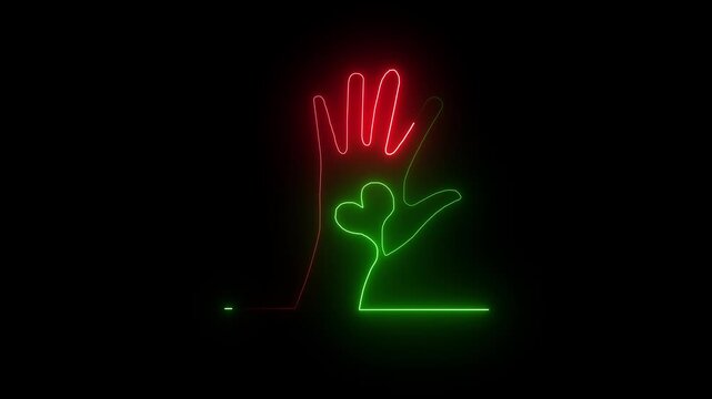 Glowing neon line art of two human hands touching in a dark space creating a modern artistic symbol of connection partnership and unity with vibrant red and green light outlines