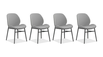 Obraz premium Four modern dining chairs with grey upholstery and metal legs isolated on white background