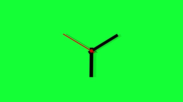 Black clock hands with a red second hand spinning fast in a circle motion to show time passing quickly on a bright vivid green screen background for easy video editing work