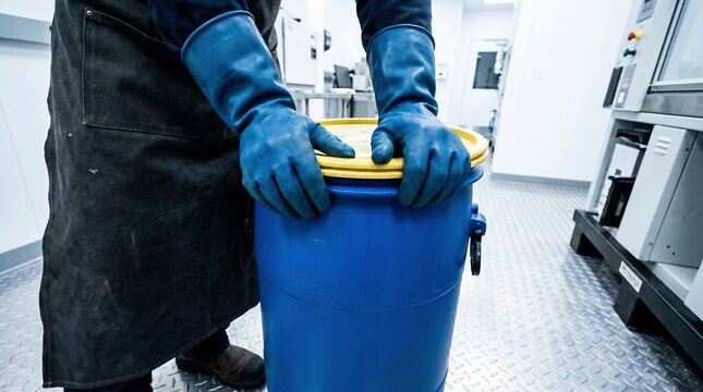 Industrial worker wearing protective gear, sealing chemical drum in sterile laboratory environment, essential for hazardous waste management and safety.