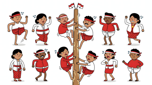 Indonesian people in traditional clothing celebrating independence day with panjat pinang game