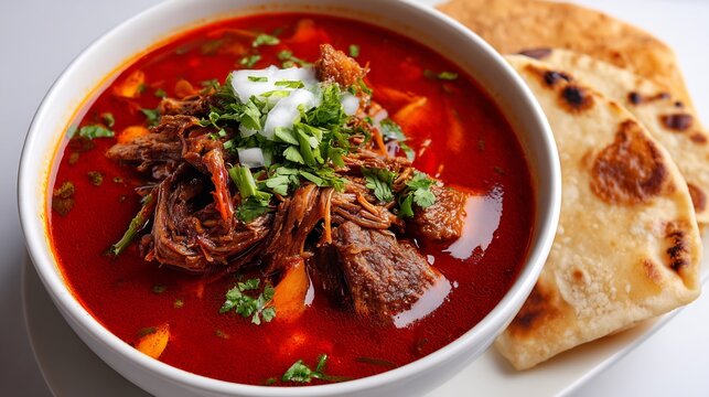 Hearty beef birria stew in a white bowl served with warm corn tortillas and fresh cilantro