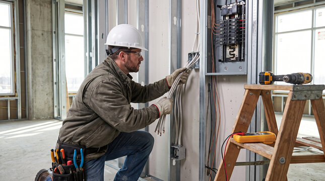 Professional electrician wearing a white hard hat and protective glasses installs electrical wiring into a metal breaker box panel inside an unfinished building construction site project.