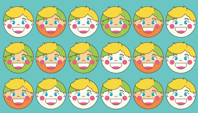 Grid pattern of cute cartoon boy faces showing different skin conditions and colors on teal background.