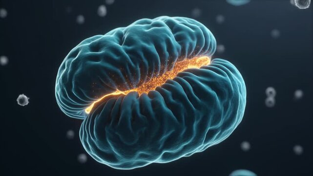 Realistic cellular respiration visualization showing mitochondrial energy conversion and ATP production for science education, biotechnology, healthcare, and corporate presentations.