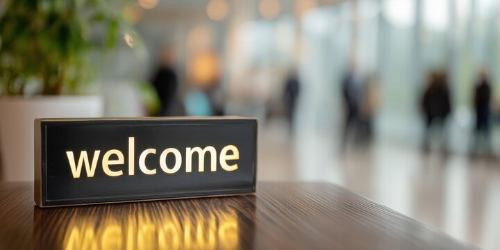 A glowing sign with the word welcome sits on a wooden desk in a blurred office lobby. Ideal for professional corporate reception or hospitality themes.