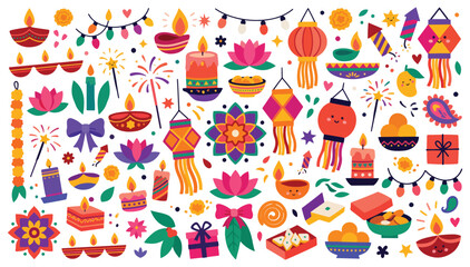 Naklejka premium Diwali icons seamless pattern with diyas, lanterns, rangoli and fireworks vector clipart