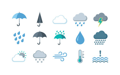 Obraz premium Collection of weather forecast icons including rain, clouds, sun, and storm symbols