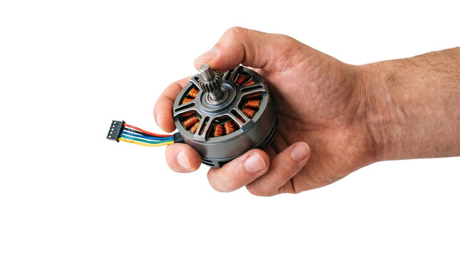 A Male Hand Holding a High Performance Brushless Electric Motor for Drone and Robotics Engineering Projects Isolated on transparent background