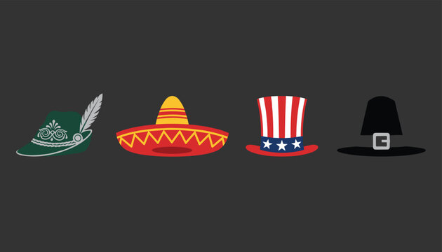 Set of traditional cultural hats including a green tyrolean, a red sombrero, an uncle sam top hat, and a pilgrim hat.