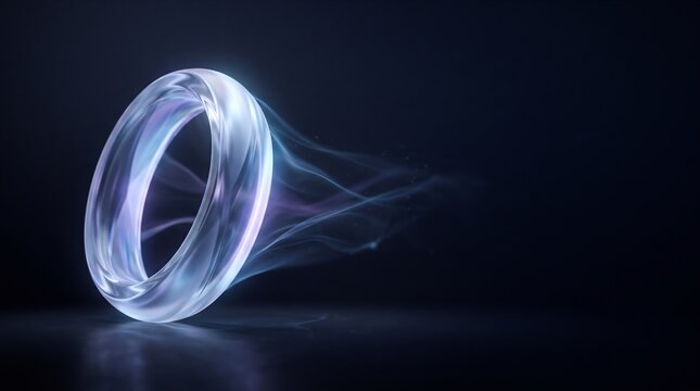 Luminous toroidal form with trailing smoke against a dark gradient background toroid