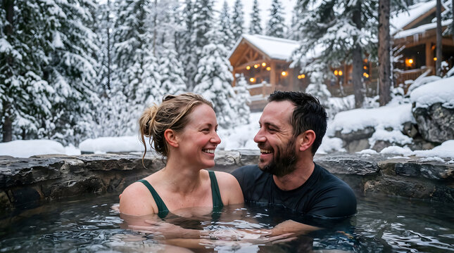 A joyful couple smiling and looking at each other while soaking in a steaming natural stone hot tub surrounded by a snowy pine forest and a cozy winter cabin.