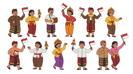 Fototapeta premium Balinese characters in traditional attire holding Indonesian flags for independence day