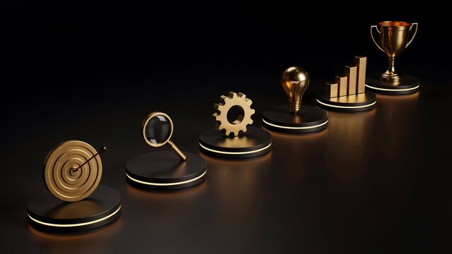Golden business success icons arranged on podiums in ascending order representing goals and achievements.