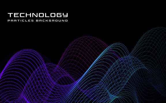 Abstract technology background with flowing wave of blue and green particles