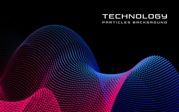 Abstract technology background with flowing wave of blue and pink particles