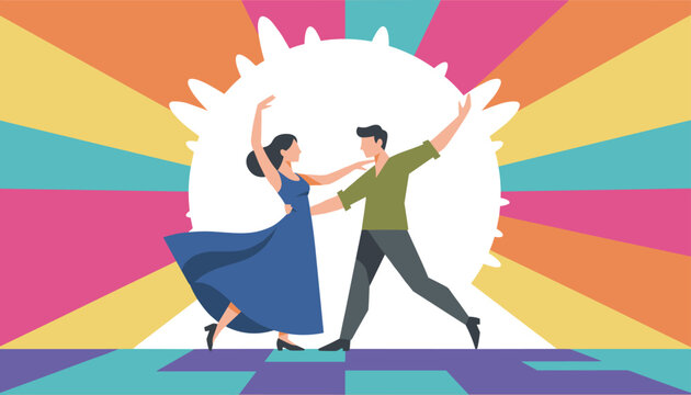 Energetic young couple dancing passionately together under a colorful sunburst background on a retro dance floor.