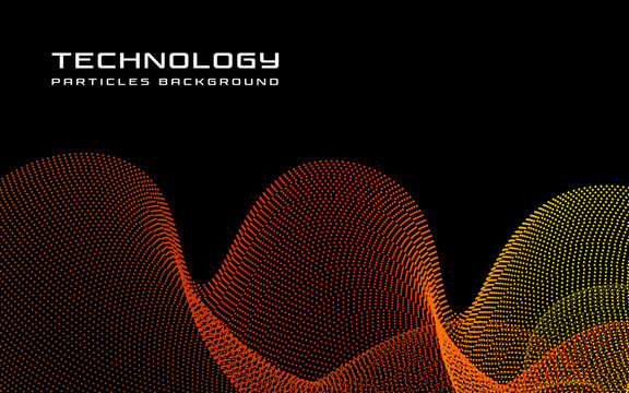 Abstract technology background with flowing wave of orange and yellow particles