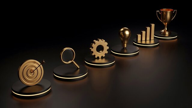 Golden business success icons arranged on podiums in ascending order representing goals and achievements.