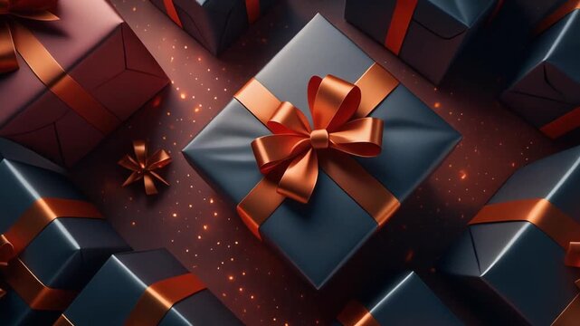 Top view of multiple dark blue and rose gold gift boxes with copper bows and shimmering particles for festive promotion.