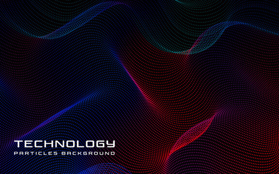 Abstract technology background with flowing particles in blue and red gradient wave pattern