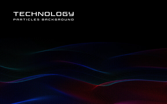 Futuristic technology background with flowing particle waves in blue and red gradient
