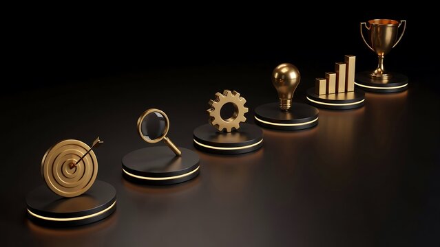 Golden icons representing business growth process arranged on circular podiums with dark background highlighting development stages for corporate strategy presentation.