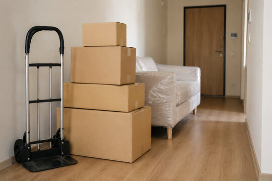 Furniture dolly and cardboard moving boxes in empty apartment hallway with wrapped sofa, moving and relocation supplies concept
